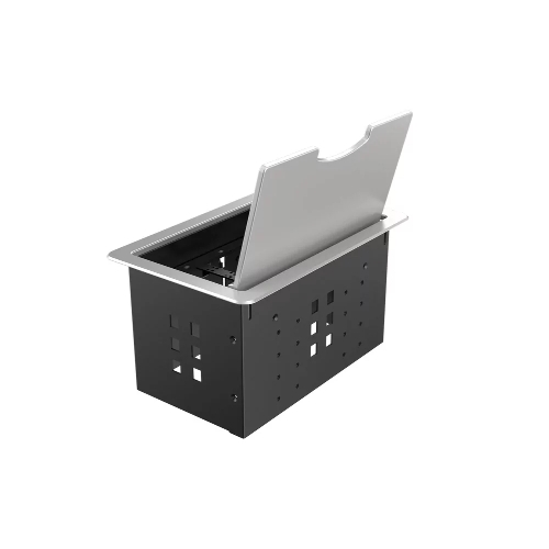 Прямоугольный металлический корпус Wize Pro WRTS-12BOX-S для модульной системы врезного лючка в стол с откидывающейся крышкой, до12 модулей-вставок, беспроводная зарядка 10Вт для моб.устройств на крышке, преустановленная рамка,серебр.