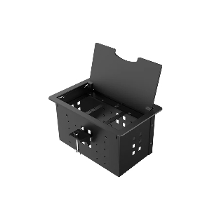 Прямоугольный металлический корпус Wize Pro WRTS-12BOX-B для модульной системы врезного лючка в стол с откидывающейся крышкой, до12 модулей-вставок, беспроводная зарядка 10Вт для моб.устройств на крышке, преустановленная рамка,черный
