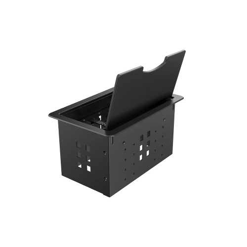 Прямоугольный металлический корпус Wize Pro WRTS-12BOX-B для модульной системы врезного лючка в стол с откидывающейся крышкой, до12 модулей-вставок, беспроводная зарядка 10Вт для моб.устройств на крышке, преустановленная рамка,черный
