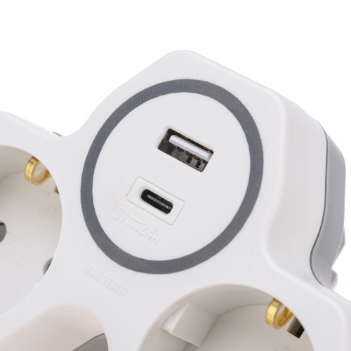 Двойник Rexant электрический (разветвитель) 16А с/з + USB-A + USB-C с защитными шторками, белый