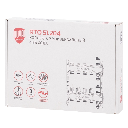 Коллектор Royal Thermo нерж. в сборе универсальный 1" ВР-3/4" НР с автомат. воздухоотвод-ми 4 вых.