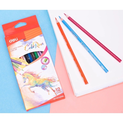 Карандаши цветные Deli EC00300 ColoRun, трехгранный профиль, тополь, 12 цветов, коробка с европодвесом