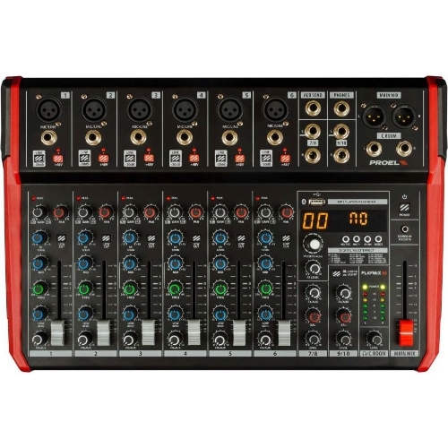 Микшерный пульт PROEL PLAYMIX10 10-ти канальный, 24 бит/48 кГц DSP, Bluetooth, медиа-плеер, 6x XLR+1/4" TRS микр./лин. входа, 2х 1/4" TRS (L/R) стерео лин. входа, 2x XLR Main вых., 2x 1/4" TRS вых. для мониторов, USB аудио интерфейс, 2x USB-A порта