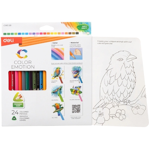 Карандаши цветные Deli EC00220 Color Emotion, трехгранный профиль, липа, 24 цвета, коробка с европодвесом (24шт)