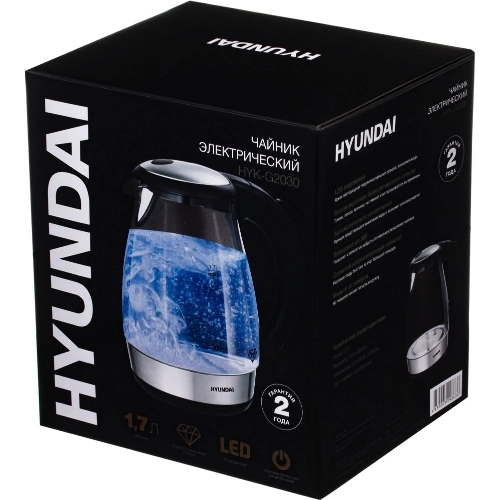 Чайник электрический Hyundai HYK-G2030 1.7 л, 2200 Вт, черный (корпус: стекло)