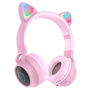 Беспроводные/проводные наушники Hoco W27 розовый, накладные, Bluetooth + проводной, "кошачьи ушки", до 5 ч.