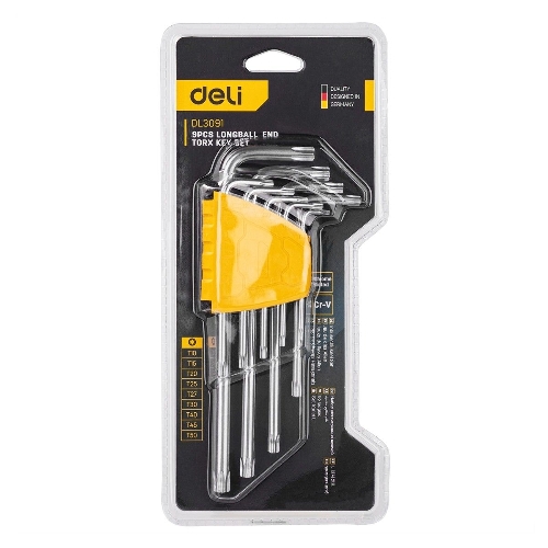 Набор шестигранных ключей ";TORX"; Deli DL3091 9 шт. Размер: 1/16”-3/8”. Хромированный. Технические характеристики: Т10,Т15,Т20,Т25,Т27,Т30,Т40,Т45,Т50