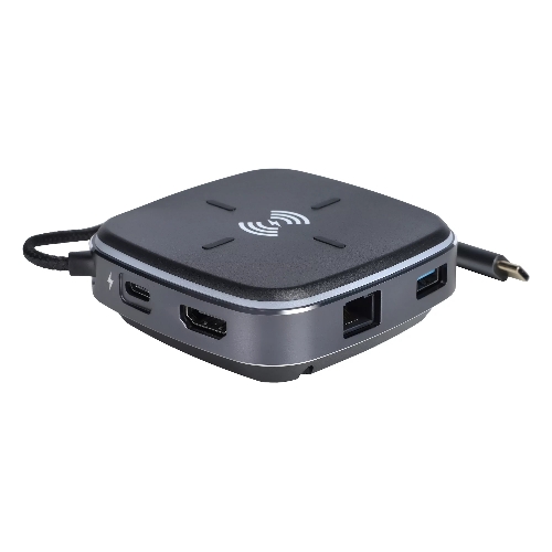 Многофункциональная док-станция Intrend ITACS-9W Type-C с беспроводной зарядкой 3 встроенных высокоскоростных USB 3.0, встроенный высокоскоростной TF и SD карт ридер, разъем RJ-45 для подключения к локальной сети HDMI 4K/30Hz, 60W Power Delivery порт,