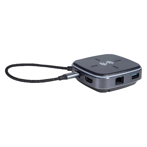 Многофункциональная док-станция Intrend ITACS-9W Type-C с беспроводной зарядкой 3 встроенных высокоскоростных USB 3.0, встроенный высокоскоростной TF и SD карт ридер, разъем RJ-45 для подключения к локальной сети HDMI 4K/30Hz, 60W Power Delivery порт,