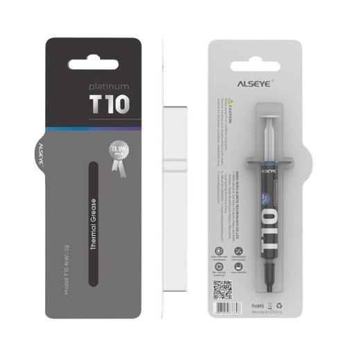 Термопаста ALSEYE T10 Thermal conductivity: 13.9W/m-k Color: Gray Conductivity: non-conductive specific gravity: 2.7g/cm@25 Capacity: 1.2мл Weight: 2G