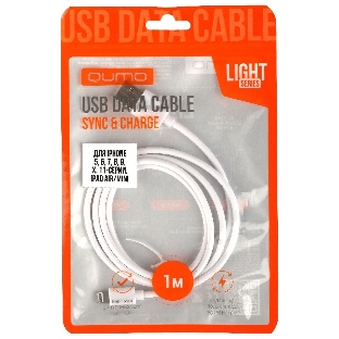 Кабель Qumo light series, USB-Apple 8 pin, 1м, 5В, 1A, опл. PVC, кон. PVC, белый