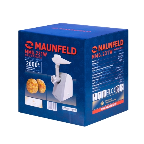 Мясорубка электрическая Maunfeld MMG.231W белый, 2000 Вт, 1.5 кг/мин, реверс, защита от перегрузки, насадки - 5