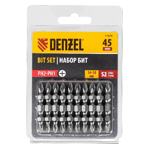 Набор бит Denzel двухстор., PH2-PH1х45 мм, сталь S2, 10 шт.
