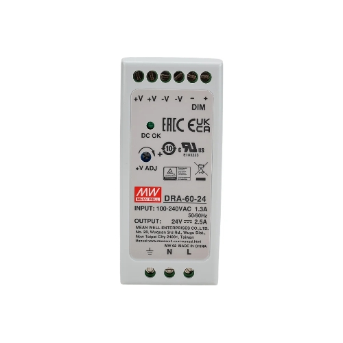 Блок питания AC-DC, 60Вт, на DIN рейку, вход 90-264В AC, 47-63Гц, 127-370В DC, выход 24В,2.5А, регулировка 24-30В, димминг 3 в 1, в кожухе