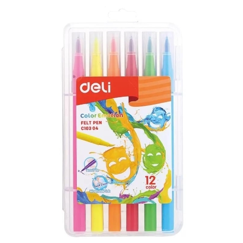 Фломастеры Deli EC10304 Color Emotion кисть, смываемые, 12 цветов, пластиковый пенал (12шт)