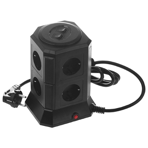 Сетевой фильтр Qumo Power Tower Pro 8SP4U (P-0002), 8 розеток, 2200 Вт, 10A, кабель 2 м 3*1 мм чистая медь, пожаробезопасный пластик, евровилка, 4 USB порта 4.5A суммарно