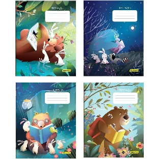 Набор тетрадей Silwerhof 2001668 18 листов, линейка, A5, Лесные друзья 4 дизайна, мелованный картон, водный лак, скрепка (упаковка: 4шт)