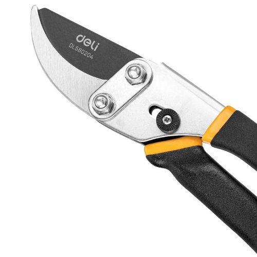 Секатор Deli DL580204 Размер 200 мм. Макс диаметр резки 15 мм. Сталь 55С. Термообработанная поверхность. Тефлоновая уплотненная пластиковая ручка.