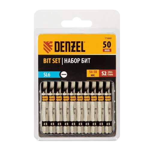Набор бит Denzel SL6,0х50, сталь S2, шестигранный профиль, 10 шт.