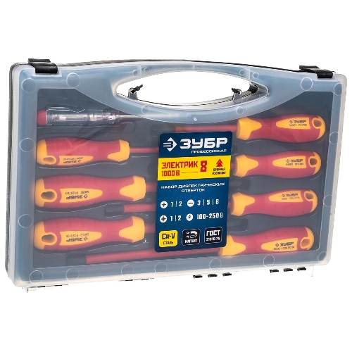 Набор: Отвертки SL 3, 5, 6 / PH 1, 2 / PZ 1, 2, тестер 100-250 В, ЗУБР "ПРОФЕССИОНАЛ" 25268, в кейсе, 8 предметов