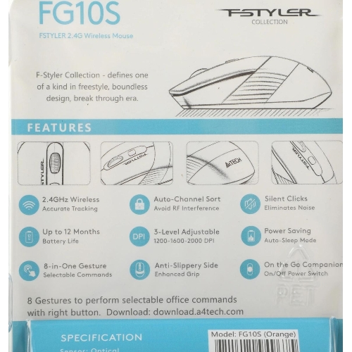 Мышь беспроводная A4Tech Fstyler FG10S черный/оранжевый, 2000 dpi, радиоканал, USB, кнопки - 4