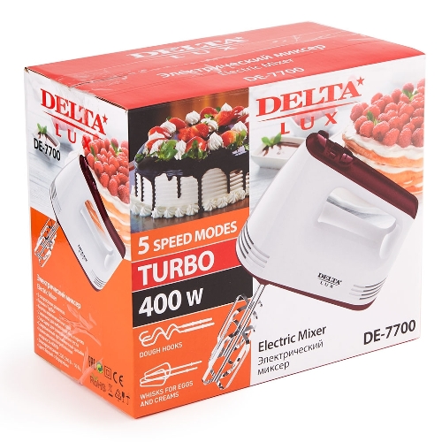 Миксер Delta LUX DE-7700 белый с бордовым : 400 Вт,4 насадки,5 скоростн.режимов,"Турбо" (4)
