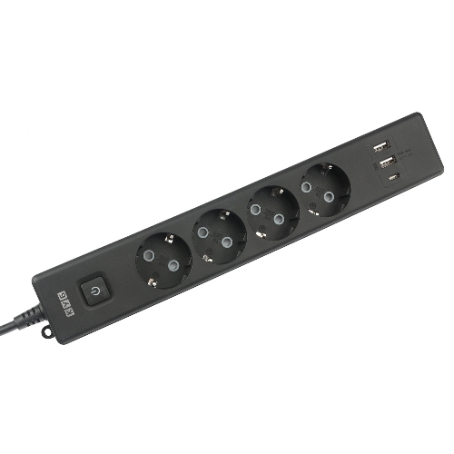 Бытовой удлинитель PowerCube, 4 р с/з вык.,3USB, 3500 Вт, 16А, 1.9 м, 3x1,0 черный PC-7B-2M