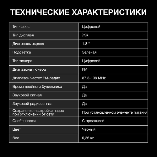 Радиобудильник Hyundai H-RCL243 черный LCD проек.изоб. подсв:зеленая часы:цифровые FM