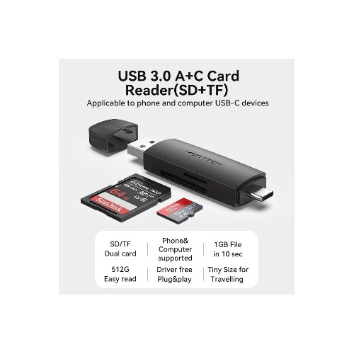 Кард-ридер Vention CLKB0/черный/SD,SDHC,SDXC,TF,micro-SD,micro-SDXC,miсro-SDHC/USB 3.0/Type C/OTG/пластик