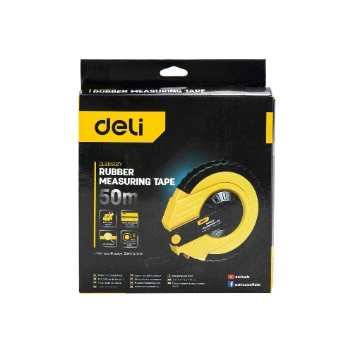 Мерная лента Deli DL9850ZY 50м x 14.5мм Ударопрочный корпус. Основной класс точности. Метрическое полотно из стекловолокна и ПВХ.