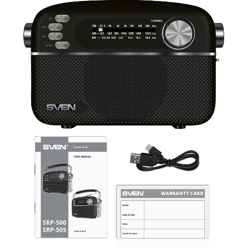Радиоприемник SVEN SRP-505 (4 Вт, FM/AM/SW, USB, SD/microSD, Bluetooth, 1200 мАч)черный