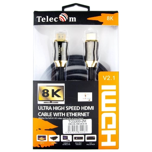 Кабель HDMI 19M/M,ver. 2.1, 8K@60 Hz 2m метал разъемы, нейлоновая оплетка Telecom TCG300-2M
